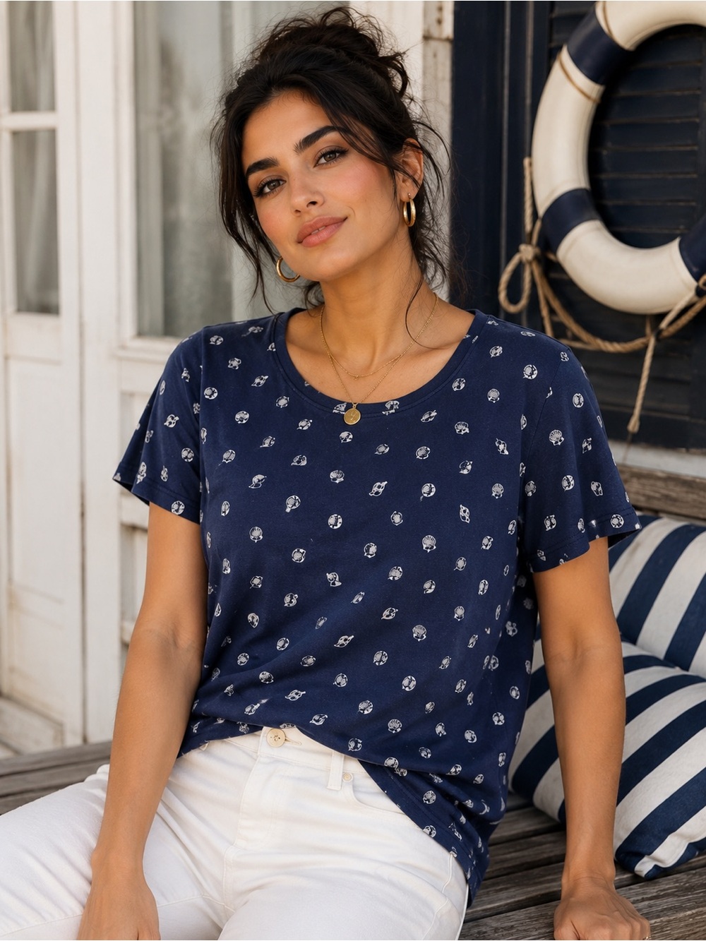 Croft & Barrow Navy Seashell Print Classic Tee XL Coastal Beach